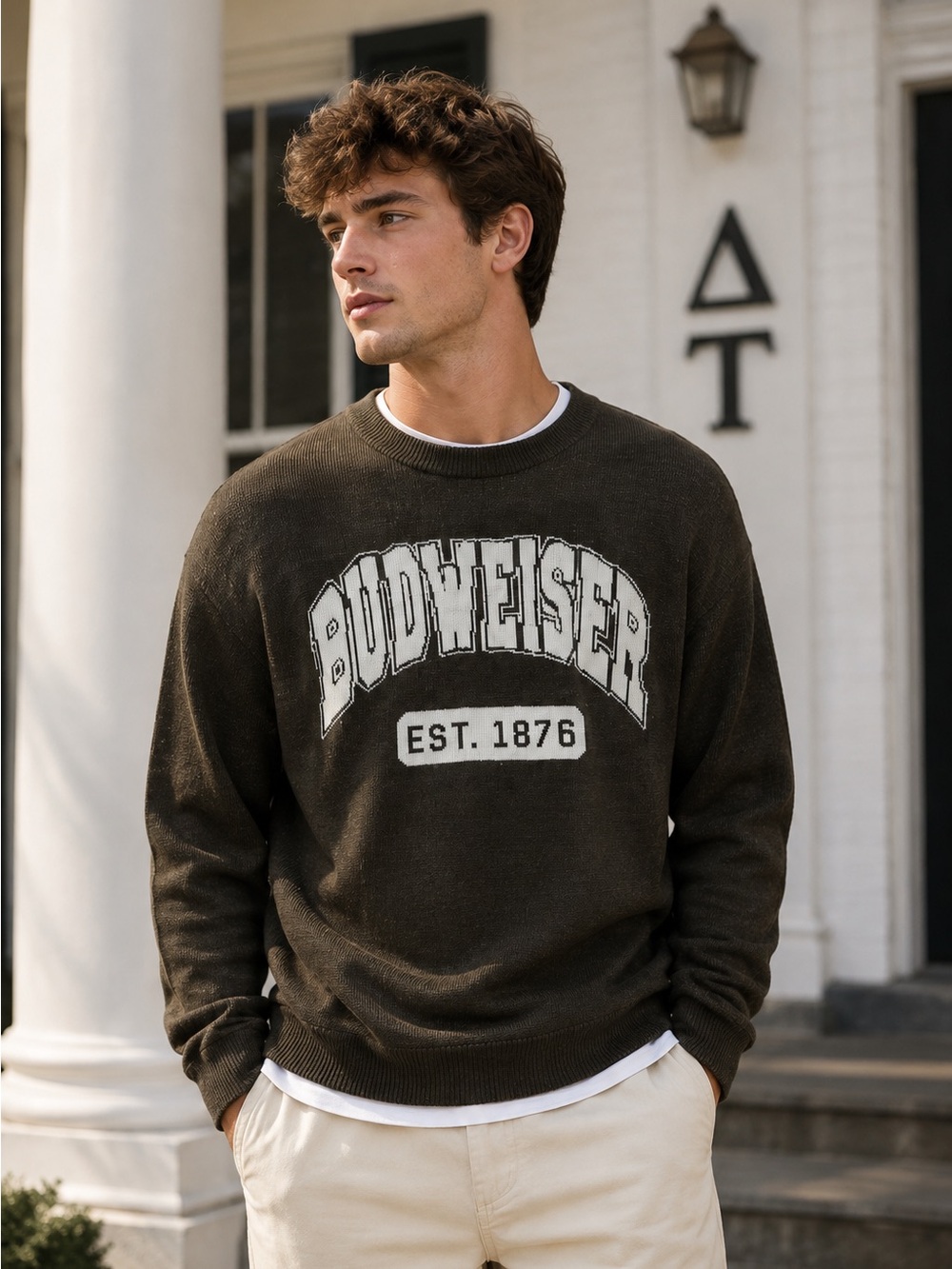 Budweiser By PacSun Sports Club Brown Knit Graphic Pullover Sweater in S